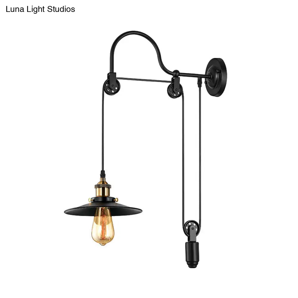 Industrial Style Wall Mounted Lamp: Adjustable Black Metallic Fixture With Pulley Design