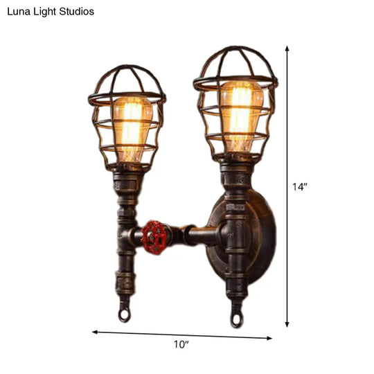 Industrial Style Wall Mounted Lighting With Wire Cage And Bronze Finish - Set Of 2 Bulbs