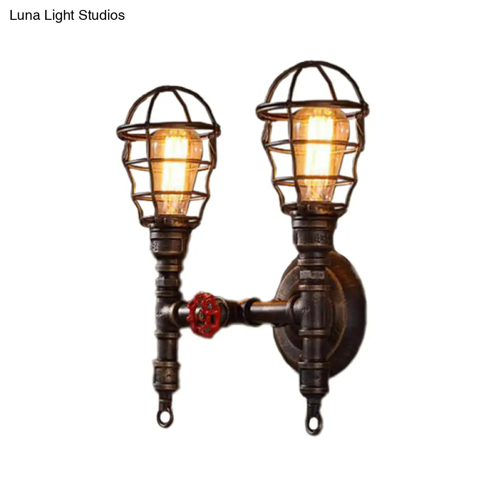 Industrial Style Wall Mounted Lighting With Wire Cage And Bronze Finish - Set Of 2 Bulbs