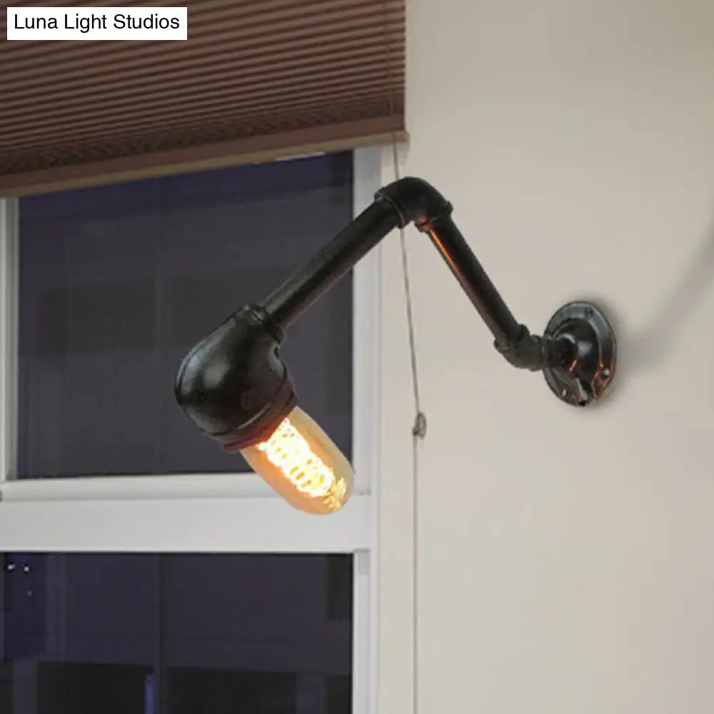 Industrial Style Wall Sconce With Black Finish - 1-Bulb Metal Piped Fixture For Living Room