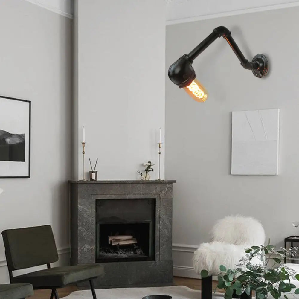 Industrial Style Wall Sconce With Black Finish - 1-Bulb Metal Piped Fixture For Living Room