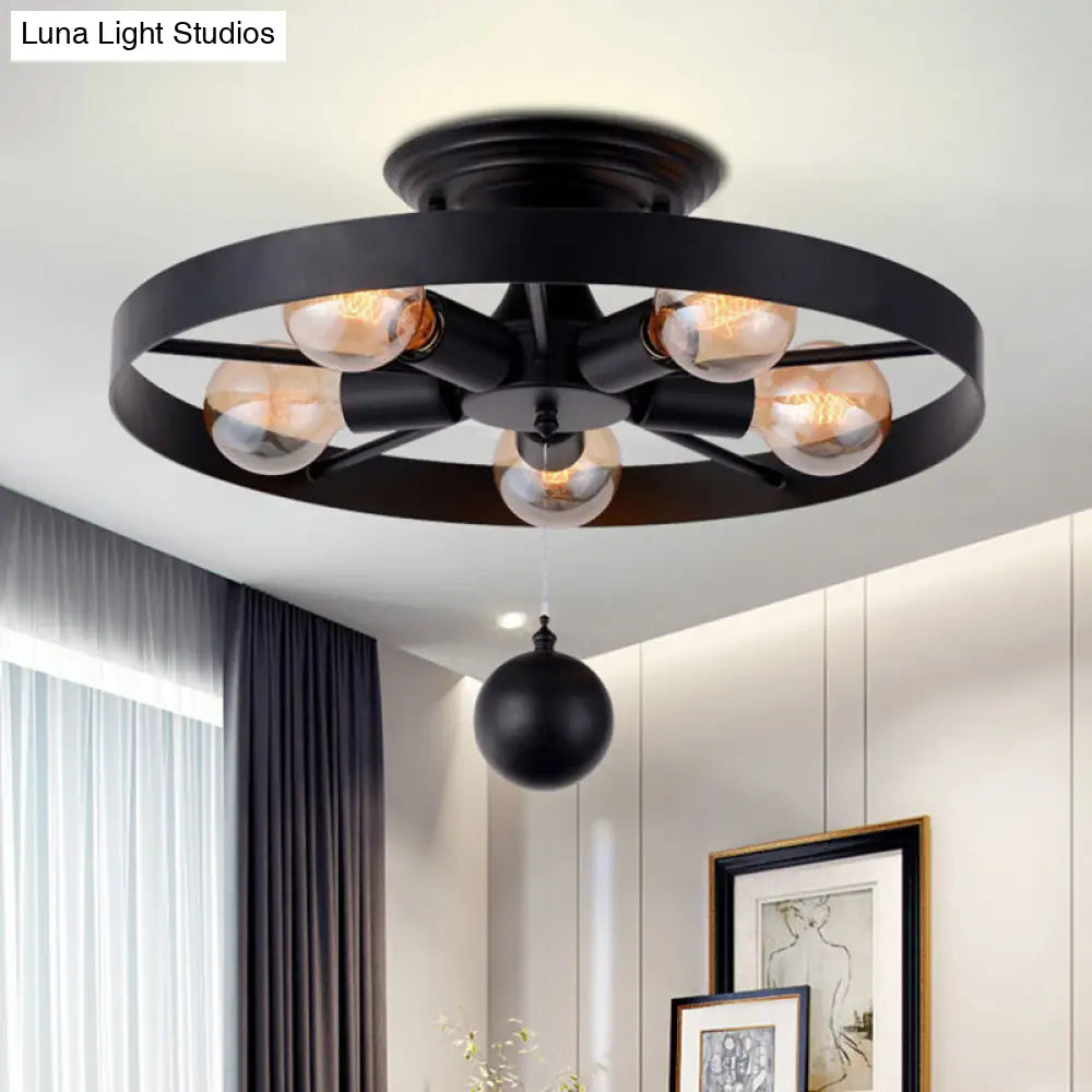 Industrial Style Wheel Semi Flush Light With Ball Accents - 5-Light Metal Ceiling Fixture Black