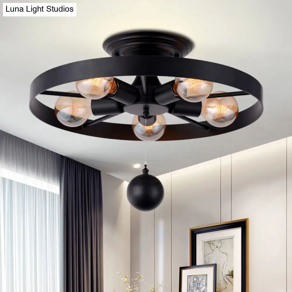 Industrial Style Wheel Semi Flush Light With Ball Accents - 5 - Light Metal Ceiling Fixture Black