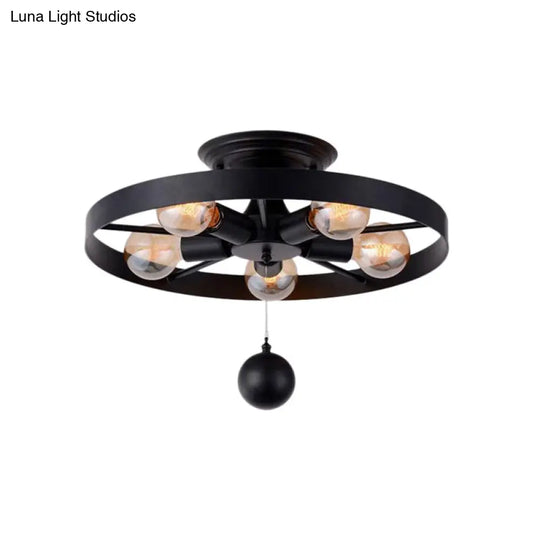 Industrial Style Wheel Semi Flush Light With Ball Accents - 5-Light Metal Ceiling Fixture Black