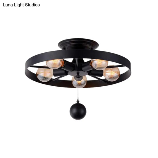 Industrial Style Wheel Semi Flush Light With Ball Accents - 5 - Light Metal Ceiling Fixture Black