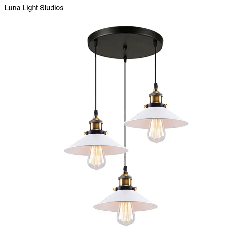 Industrial Style White Conic Ceiling Pendant With Metallic Finish - 3 Heads Indoor Hanging Light