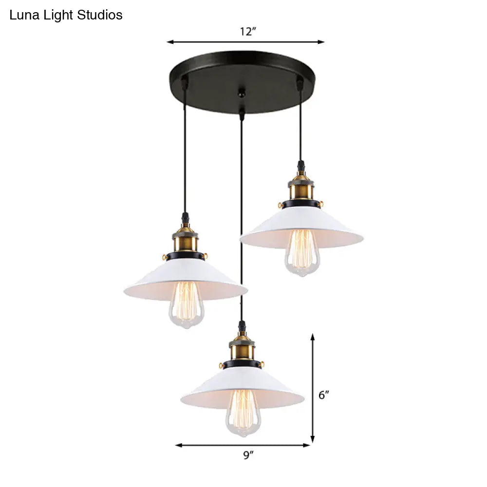 Industrial Style White Conic Ceiling Pendant With Metallic Finish - 3 Heads Indoor Hanging Light