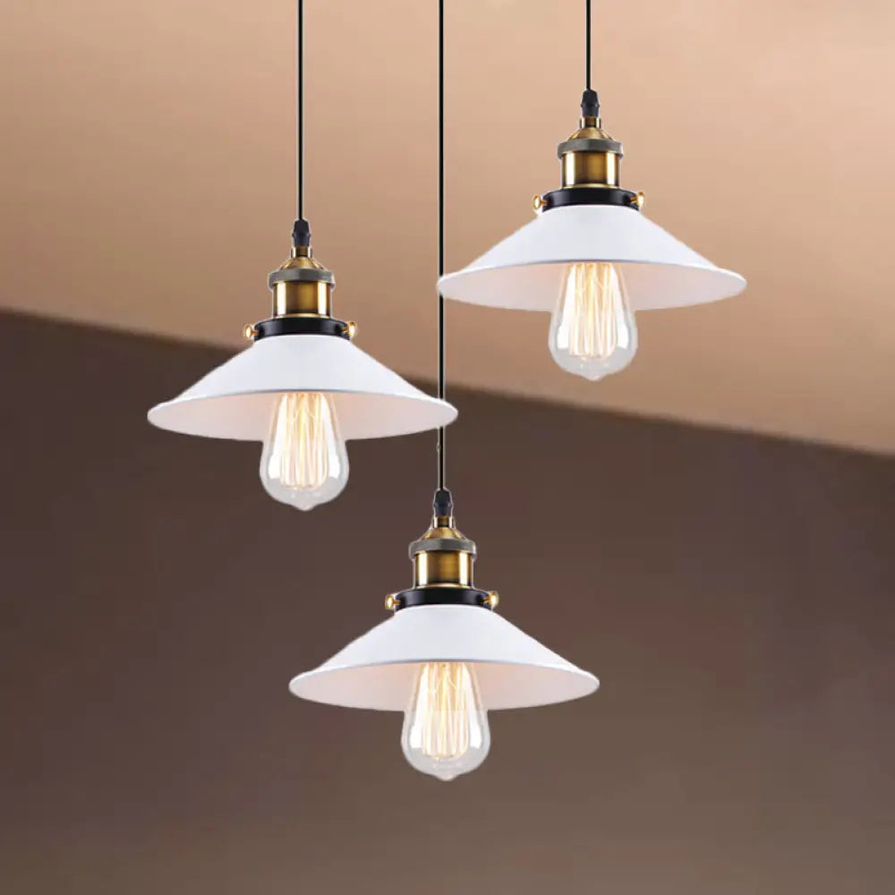 Industrial Style White Conic Ceiling Pendant With Metallic Finish - 3 Heads Indoor Hanging Light /