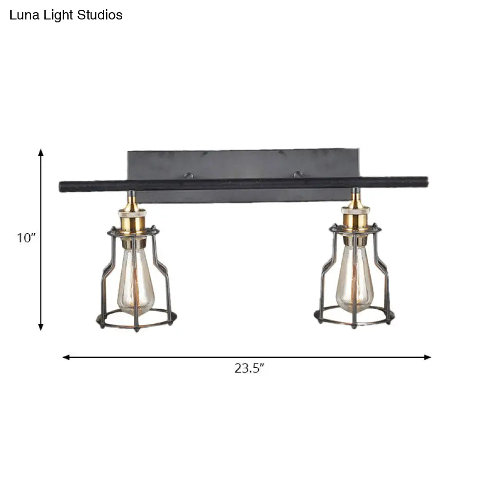 Industrial Style Wire Cage Wall Sconce With 2 Lights - Black Finish Metal Ideal For Living Room