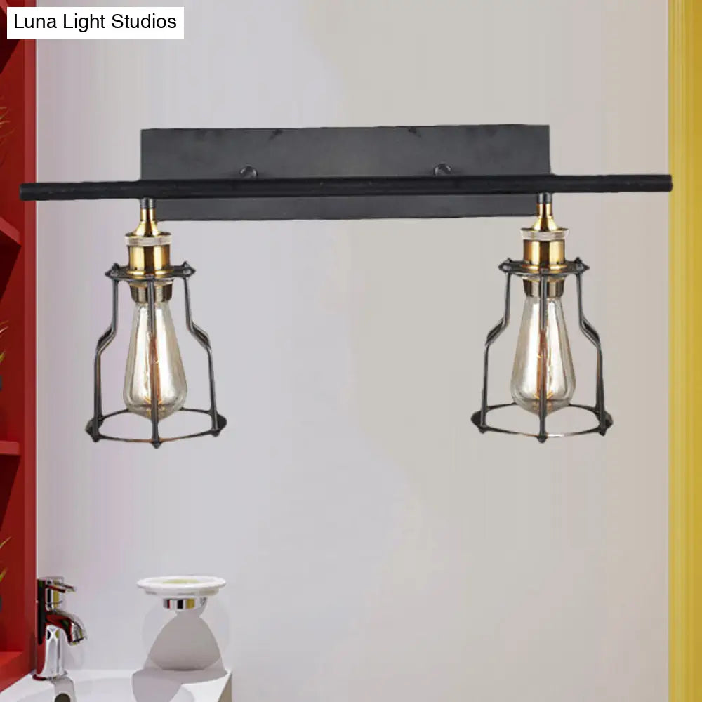 Industrial Style Wire Cage Wall Sconce With 2 Lights - Black Finish Metal Ideal For Living Room