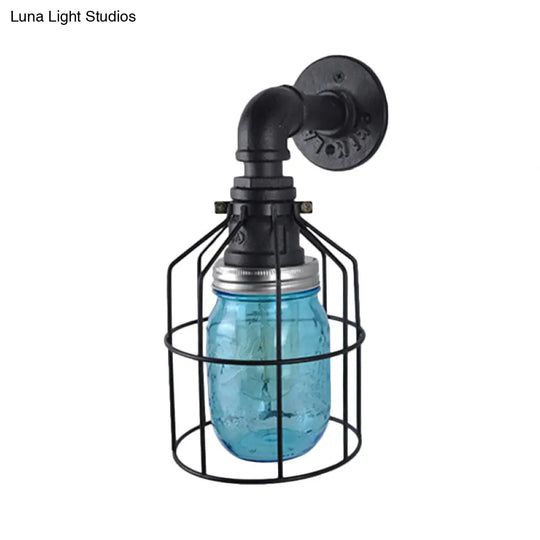 Industrial Style Wire Cage Wall Sconce With Blue/Clear Glass Jar Shade And 1 Bulb - Perfect For