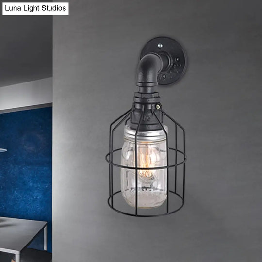 Industrial Style Wire Cage Wall Sconce With Blue/Clear Glass Jar Shade And 1 Bulb - Perfect For