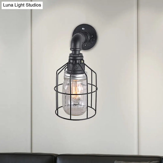 Industrial Style Wire Cage Wall Sconce With Blue/Clear Glass Jar Shade And 1 Bulb - Perfect For