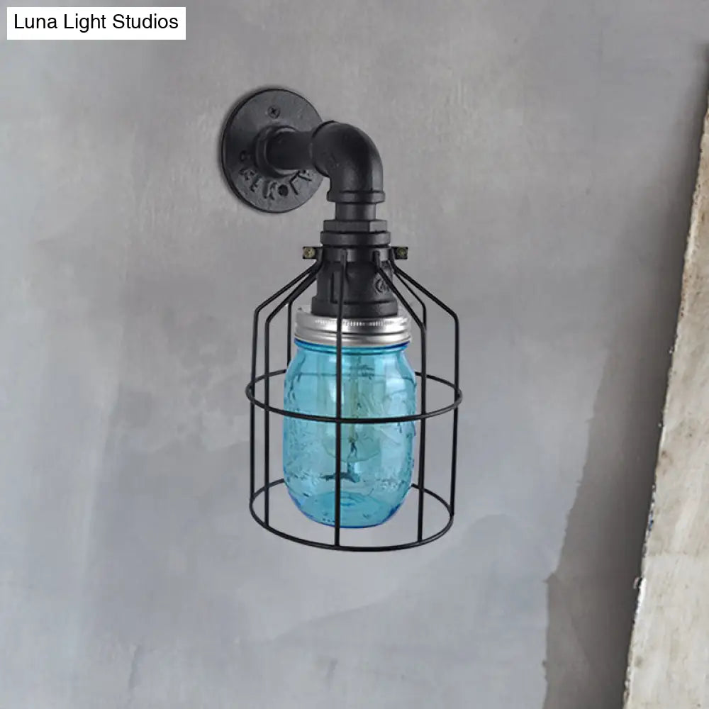 Industrial Style Wire Cage Wall Sconce With Blue/Clear Glass Jar Shade And 1 Bulb - Perfect For