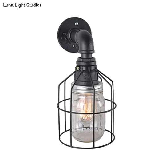 Industrial Style Wire Cage Wall Sconce With Blue/Clear Glass Jar Shade And 1 Bulb - Perfect For