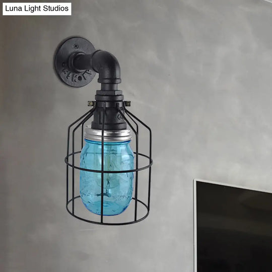 Industrial Style Wire Cage Wall Sconce With Blue/Clear Glass Jar Shade And 1 Bulb - Perfect For