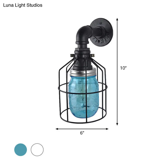 Industrial Style Wire Cage Wall Sconce With Blue/Clear Glass Jar Shade And 1 Bulb - Perfect For