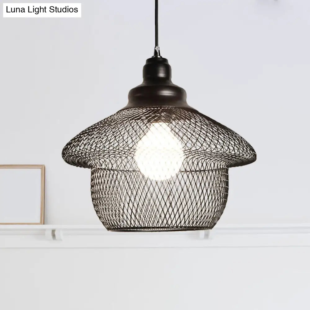 Industrial Style Wire Mesh Metal Pendant Light With Matte Black/Copper Finish - 1 Head Dining Room