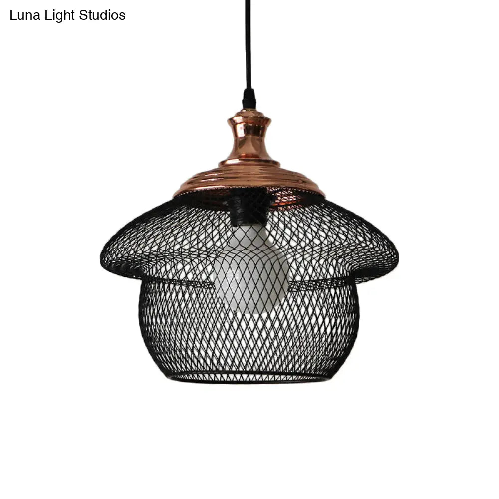 Industrial Style Wire Mesh Metal Pendant Light With Matte Black/Copper Finish - 1 Head Dining Room