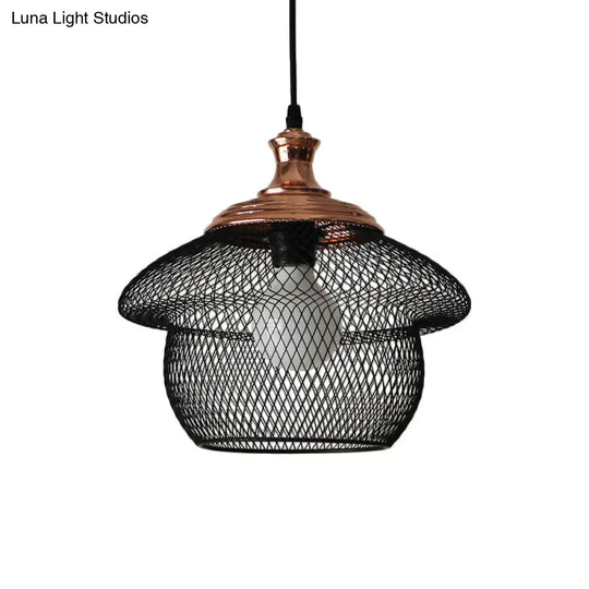 Industrial Style Wire Mesh Metal Pendant Light With Matte Black/Copper Finish - 1 Head Dining Room