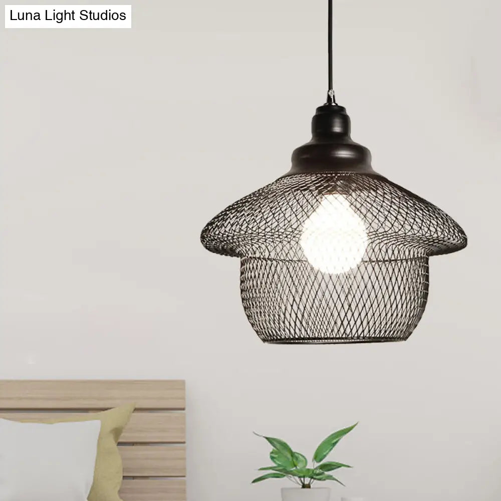 Industrial Style Wire Mesh Metal Pendant Light With Matte Black/Copper Finish - 1 Head Dining Room