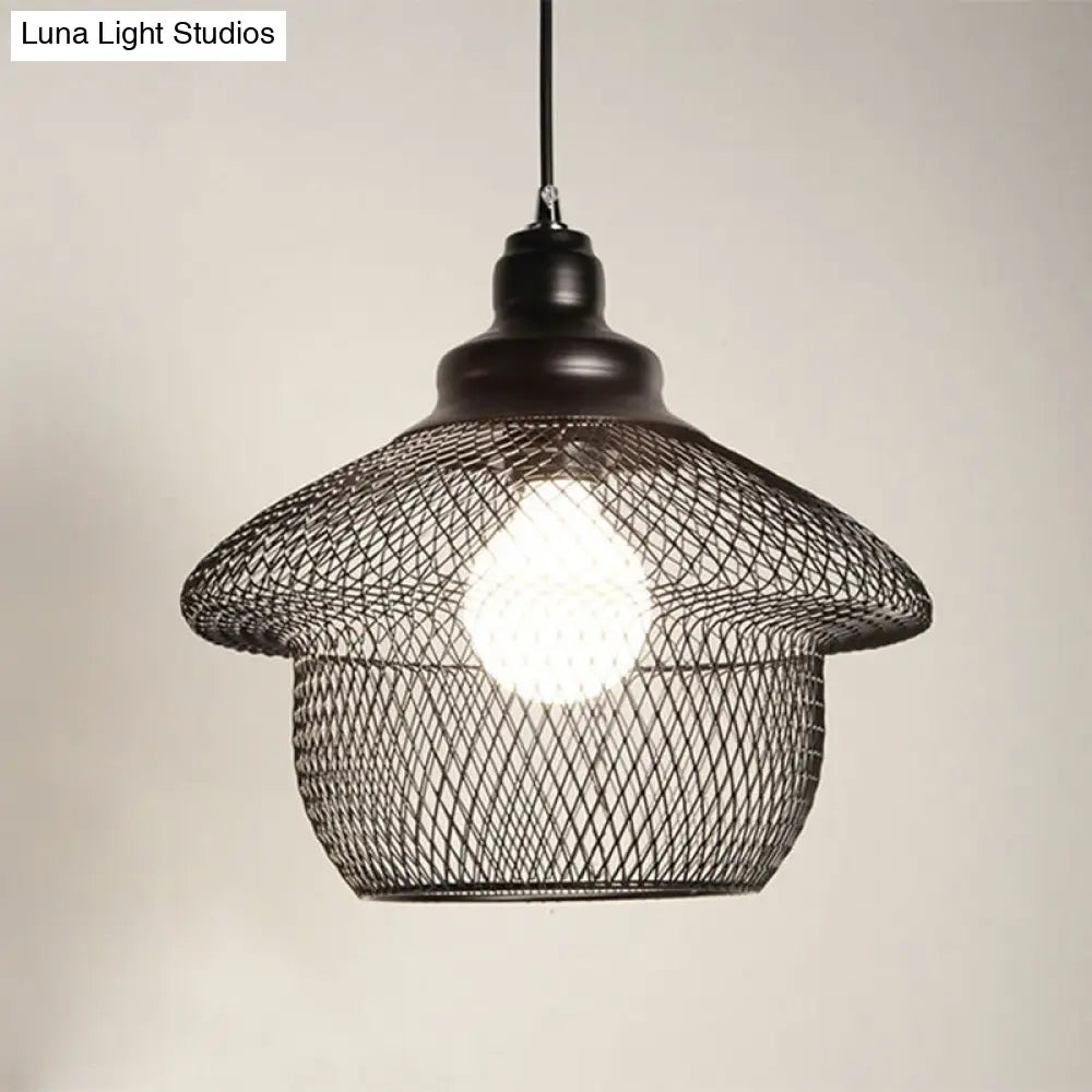 Industrial Style Wire Mesh Metal Pendant Light With Matte Black/Copper Finish - 1 Head Dining Room