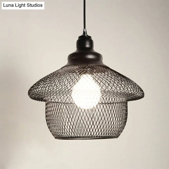 Industrial Style Wire Mesh Metal Pendant Light With Matte Black/Copper Finish - 1 Head Dining Room