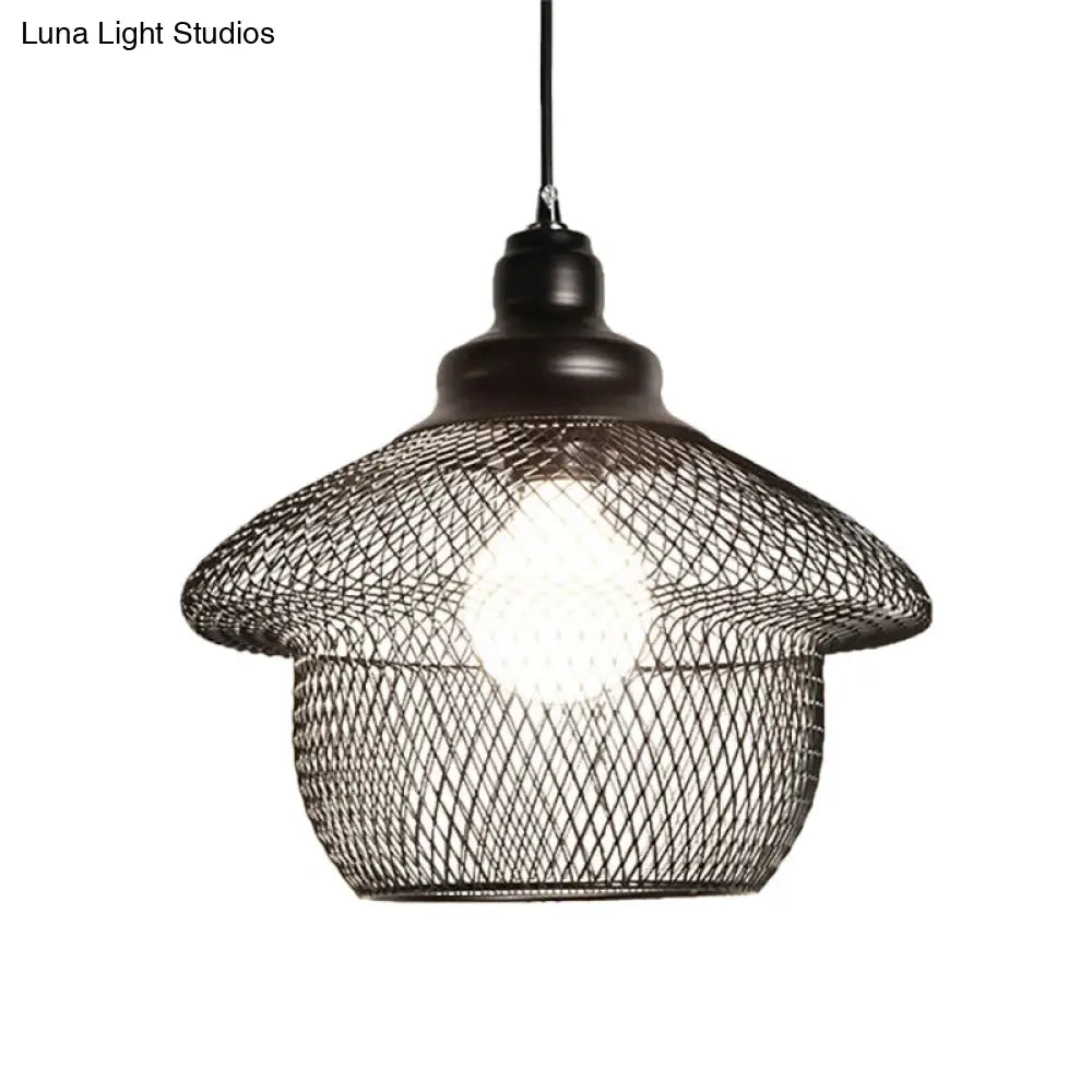 Industrial Style Wire Mesh Metal Pendant Light With Matte Black/Copper Finish - 1 Head Dining Room