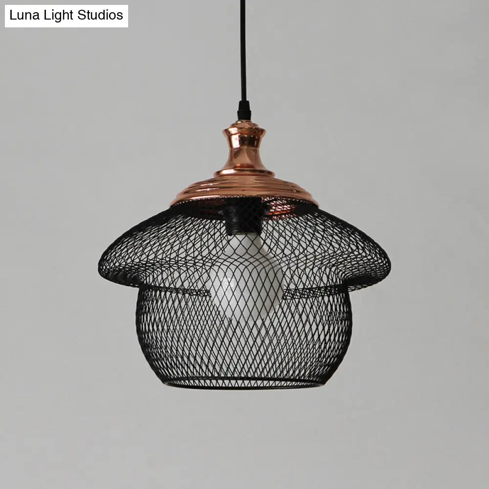 Industrial Style Wire Mesh Metal Pendant Light With Matte Black/Copper Finish - 1 Head Dining Room