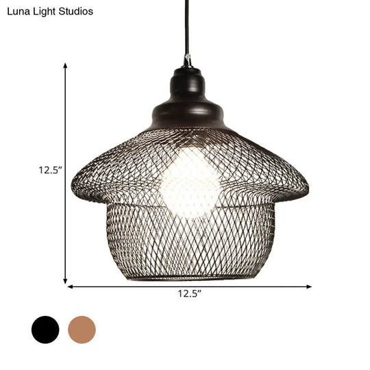 Industrial Style Wire Mesh Metal Pendant Light With Matte Black/Copper Finish - 1 Head Dining Room