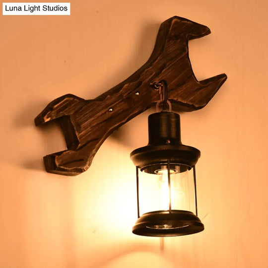 Industrial Style Wood Lantern Wall Sconce With Bronze Backplate And 1 Light Fixture