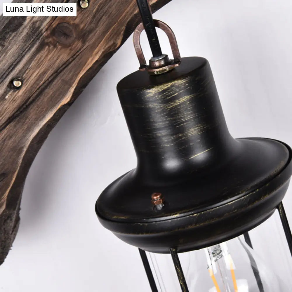 Industrial Style Wood Lantern Wall Sconce With Bronze Backplate And 1 Light Fixture