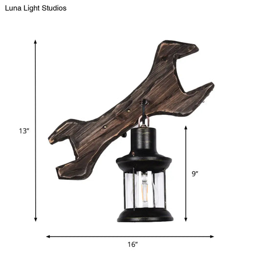 Industrial Style Wood Lantern Wall Sconce With Bronze Backplate And 1 Light Fixture