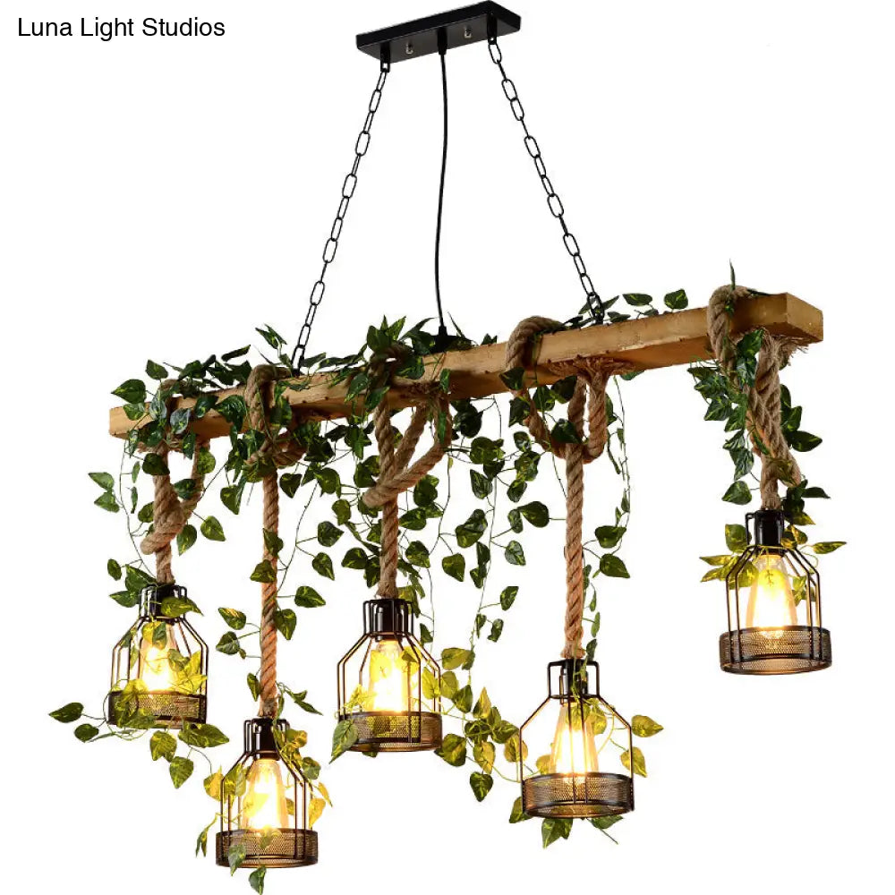 Industrial Style Wood Pendant Light With Cage Shade - Island Linear Chandelier Beige