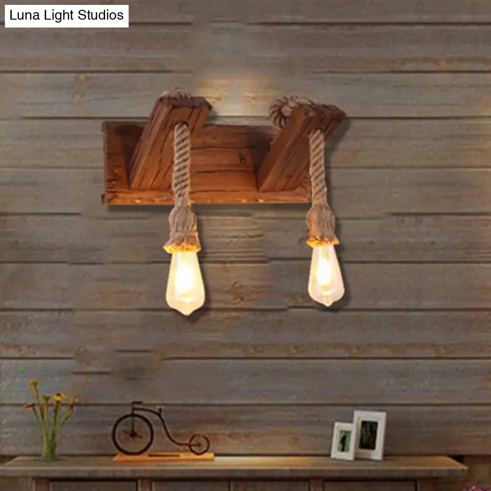 Industrial Style Wood Wall Sconce With Exposed Bulb And Rope Detail - Perfect For Bedroom Lighting