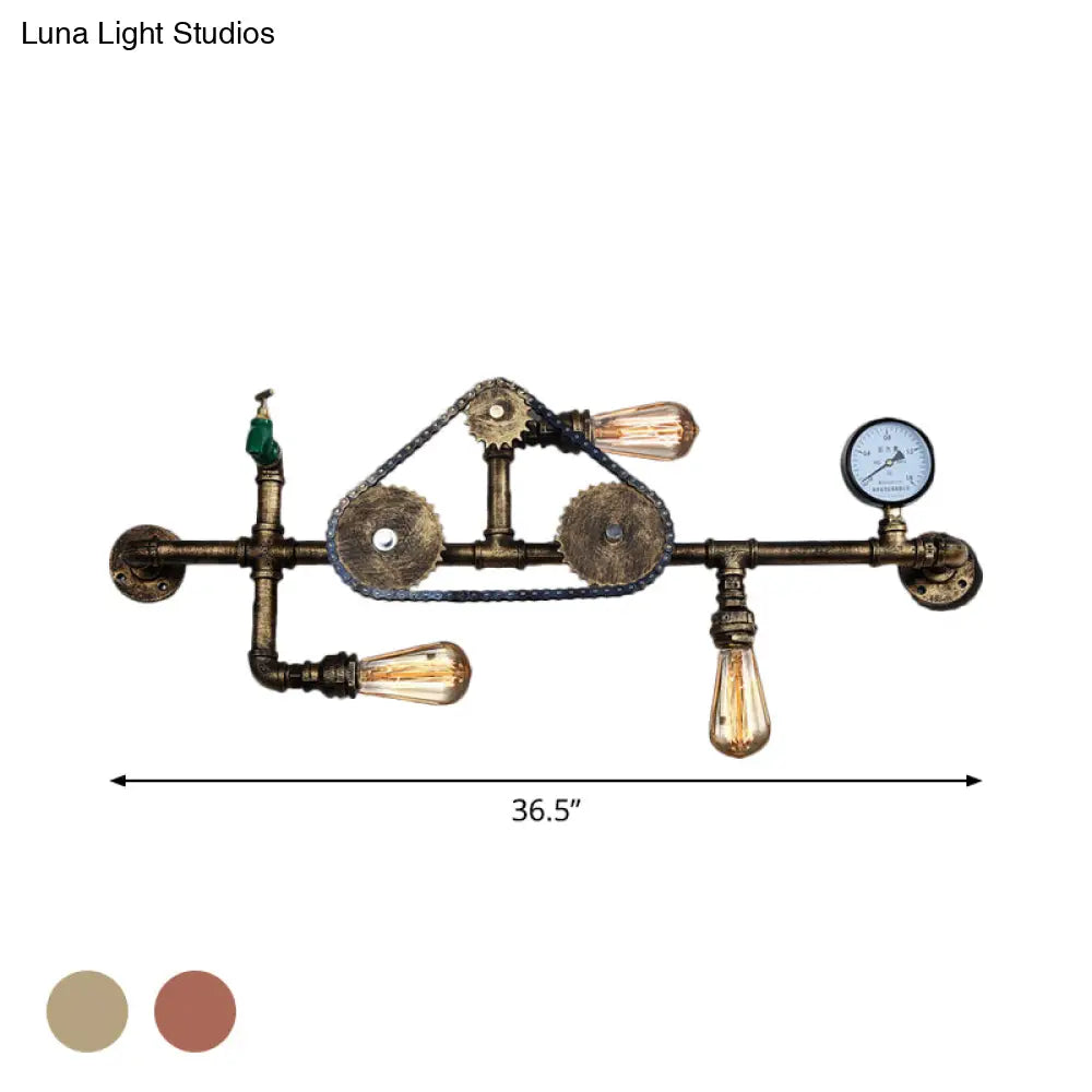 Industrial Style Wrought Iron Wall Light With 3-Bulb Water Pipe Design In Copper/Bronze