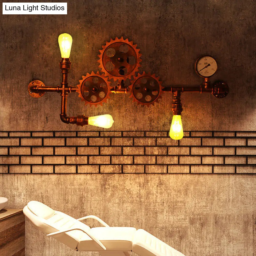 Industrial Style Wrought Iron Wall Light With 3-Bulb Water Pipe Design In Copper/Bronze