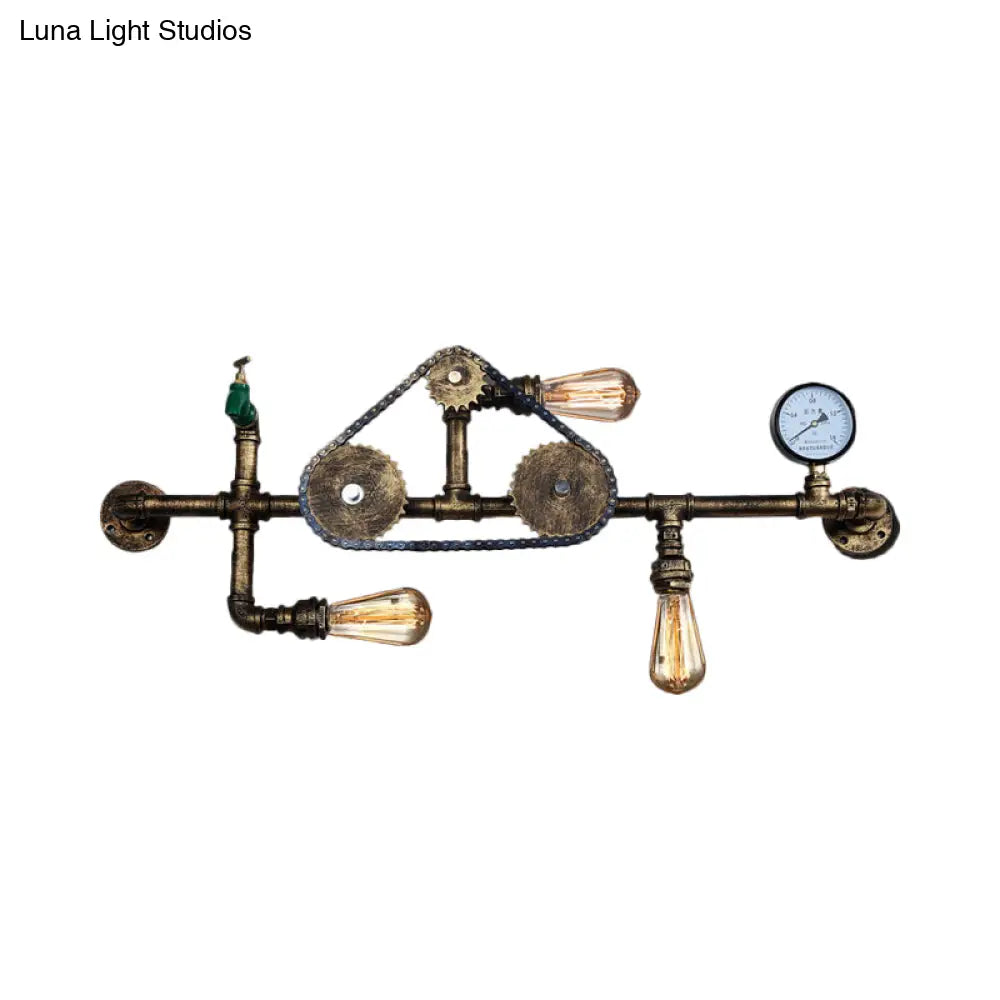 Industrial Style Wrought Iron Wall Light With 3-Bulb Water Pipe Design In Copper/Bronze