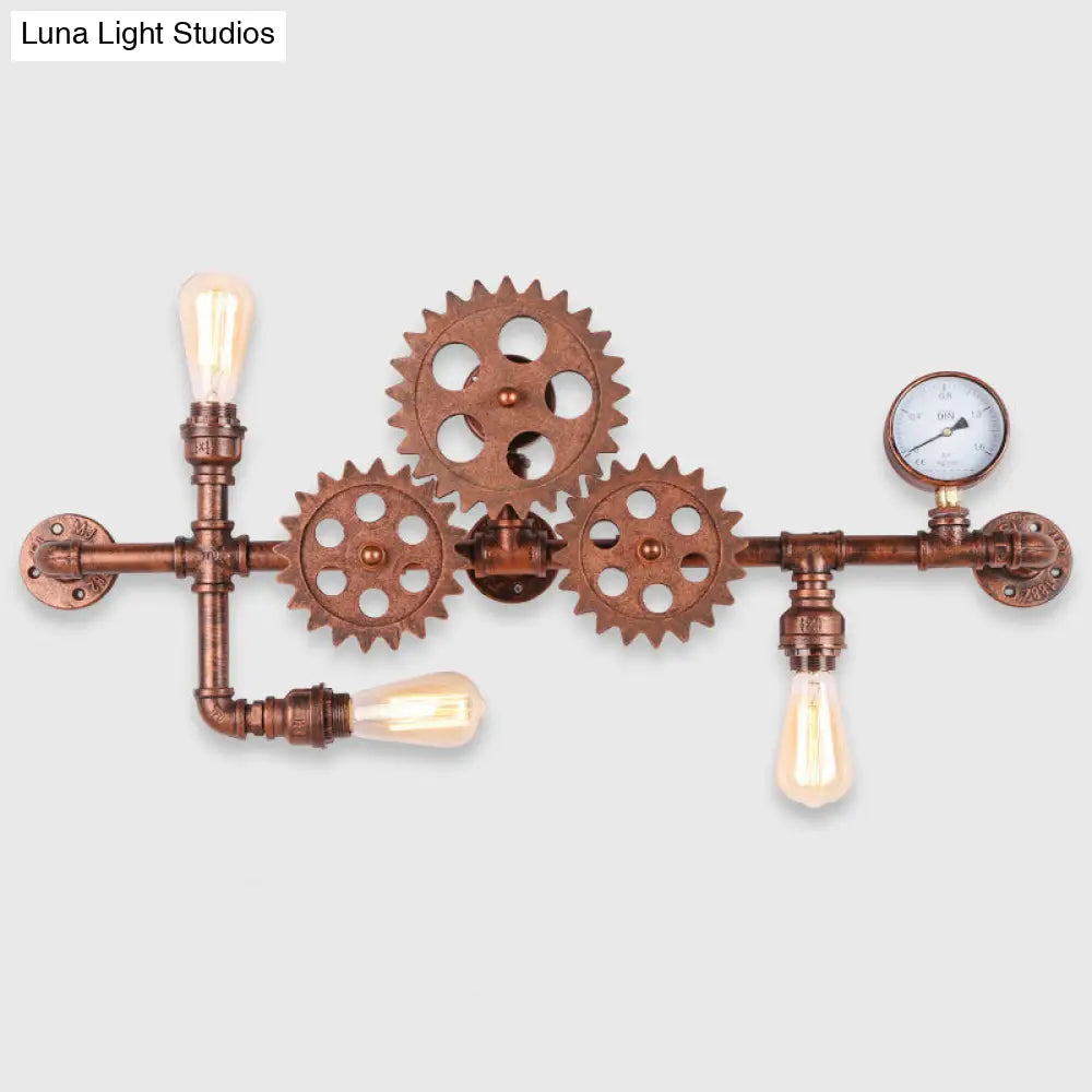 Industrial Style Wrought Iron Wall Light With 3-Bulb Water Pipe Design In Copper/Bronze