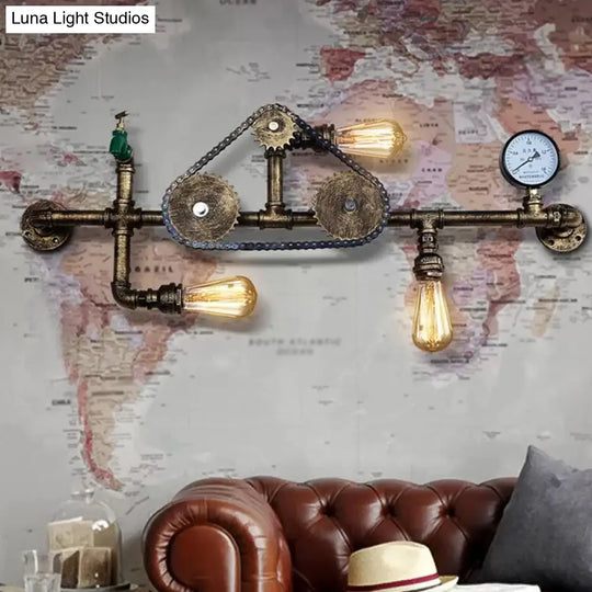 Industrial Style Wrought Iron Wall Light With 3-Bulb Water Pipe Design In Copper/Bronze