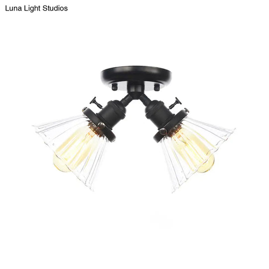 Industrial Cone Shade Semi Mount Ceiling Light With Amber/Clear Glass (2 Heads) In Black/Bronze For