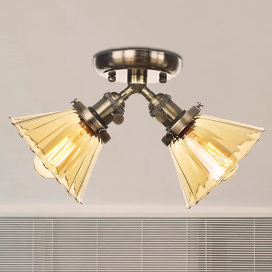 Industrial Stylish Bedroom Semi Mount Lighting With Cone Shade Amber/Clear Glass - 2 Heads