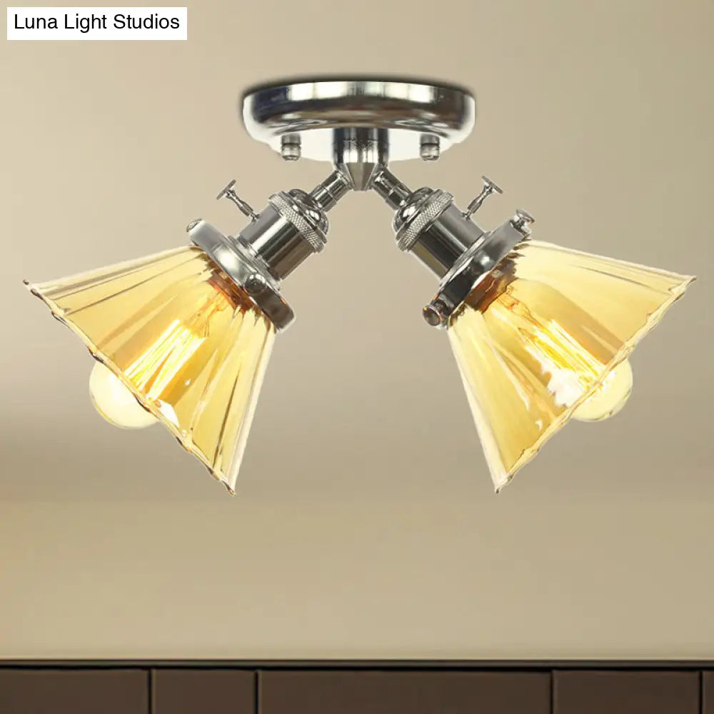 Industrial Cone Shade Semi Mount Ceiling Light With Amber/Clear Glass (2 Heads) In Black/Bronze For