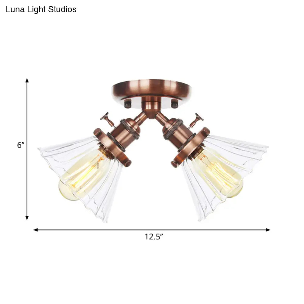 Industrial Stylish Bedroom Semi Mount Lighting With Cone Shade Amber/Clear Glass - 2 Heads