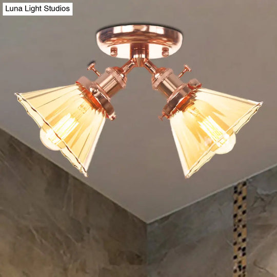 Industrial Cone Shade Semi Mount Ceiling Light With Amber/Clear Glass (2 Heads) In Black/Bronze For