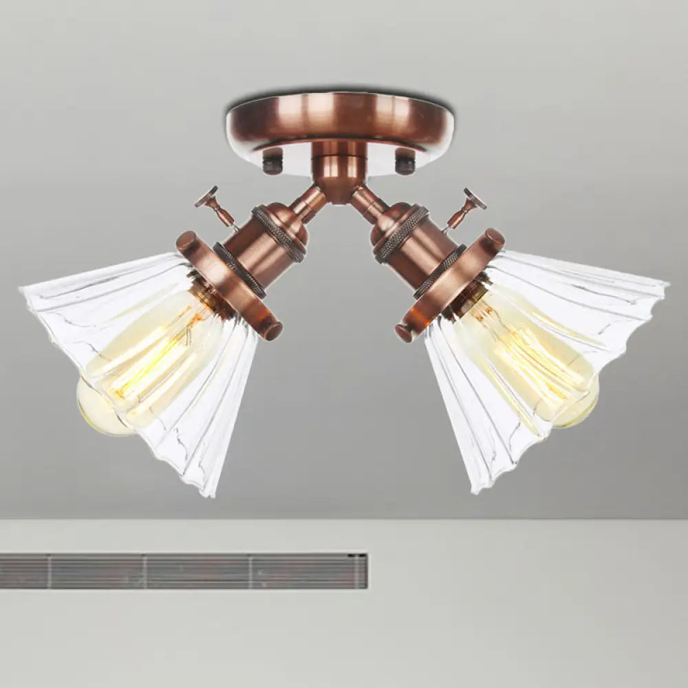 Industrial Stylish Bedroom Semi Mount Lighting With Cone Shade Amber/Clear Glass - 2 Heads