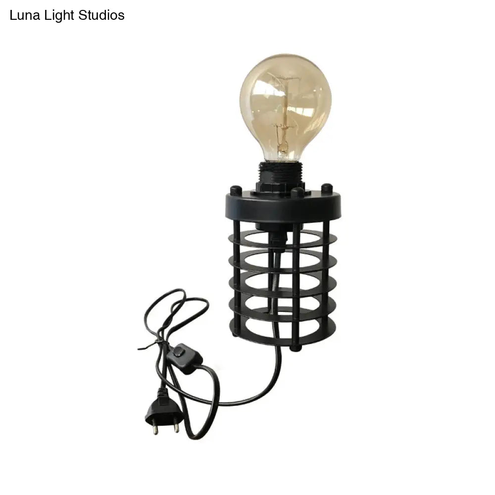 Industrial Stylish Cylinder/Barrel Metal Table Lamp In Black For Coffee Shop Decor