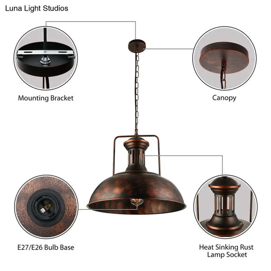 Industrial Domed Pendant Light - 1 Metal In Aged Silver For Dining Room