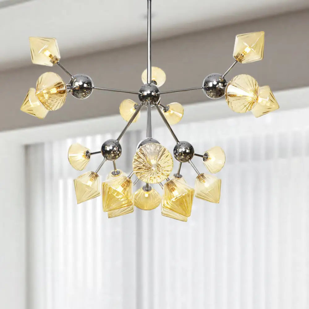 Industrial Stylish Glass Diamond Pendant Light Chandelier - 3/9/12 Bulbs Amber/Clear