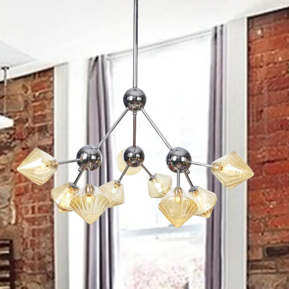 Industrial Stylish Glass Diamond Pendant Light Chandelier - 3/9/12 Bulbs Amber/Clear